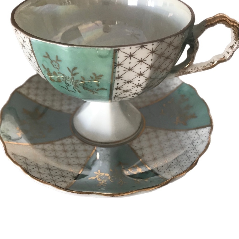 Lusterware Pedestal Teacup Saucer pistachio gold signed Collectors item